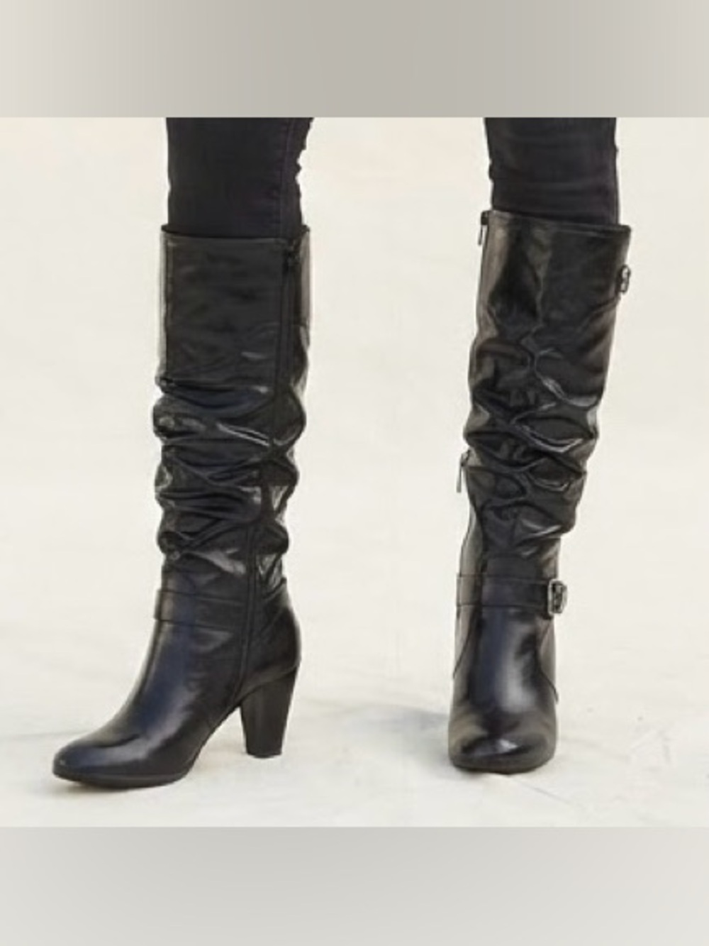 New Woman Design Black Slouchy Mid Calf Height Heeled Boots With Buckle Size 8